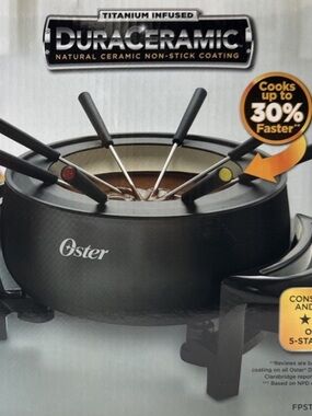 NEW! OSTER Black Duraceramic Electric Fondue Pot with Forks 3 quart Easy Clean